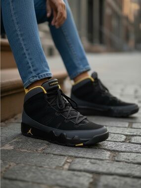 Nike Air Jordan Retro 9  Kids Black Sneakers with Yellow Accents